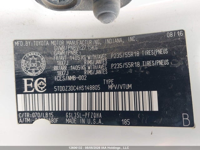 12606132 :رقم المزاد ، 5TDDZ3DC4HS148805 vin ، 2017 Toyota Sienna Xle/limited مزاد بيع