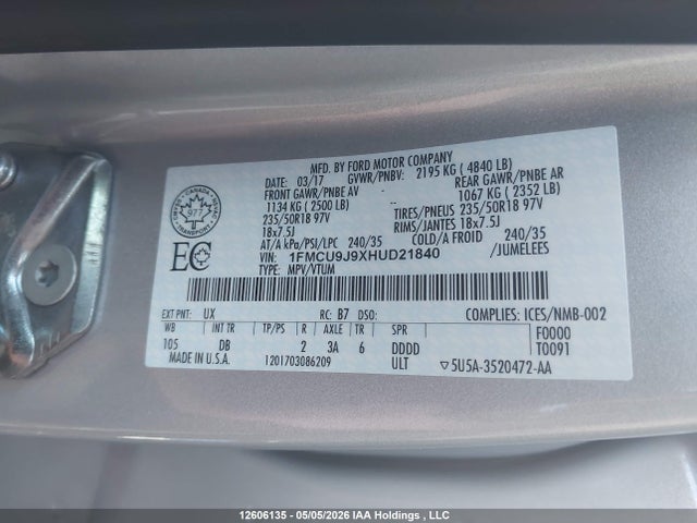 2017 Ford Escape Titanium მანქანა იყიდება აუქციონზე, vin: 1FMCU9J9XHUD21840, აუქციონის ნომერი: 12606135