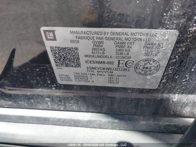 Продажа на аукционе авто 2018 Chevrolet Traverse Lt Cloth, vin: 1GNEVGKW0JJ211851, номер лота: 12606138