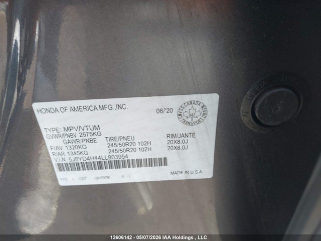 12606142 :رقم المزاد ، 5J8YD4H44LL803954 vin ، 2020 Acura Mdx Technology مزاد بيع