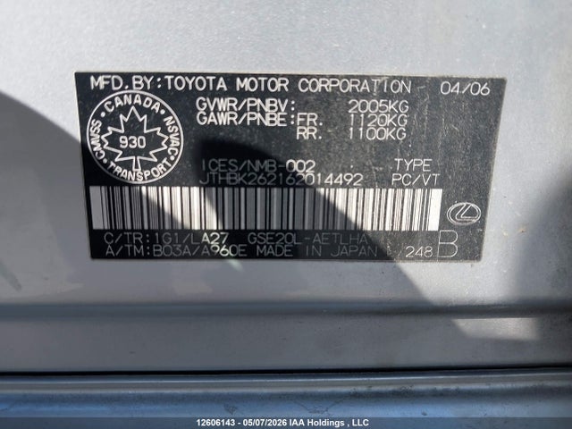 12606143 :رقم المزاد ، JTHBK262162014492 vin ، 2006 Lexus Is 250 مزاد بيع
