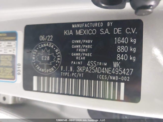 12606145 :رقم المزاد ، 3KPA25AD4NE495427 vin ، 2022 Kia Rio Lx Premium/lx+ مزاد بيع