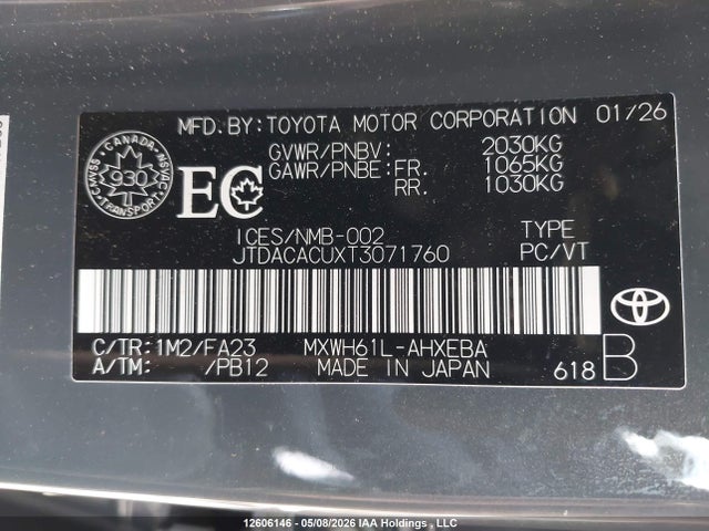 12606146 :رقم المزاد ، JTDACACUXT3071760 vin ، 2026 Toyota Prius Plug-in Hybrid Se مزاد بيع