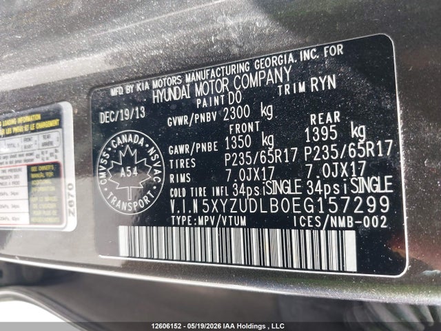 5XYZUDLB0EG157299 Hyundai Santa Fe