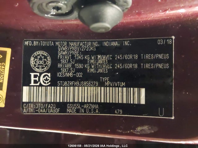 12606158 :رقم المزاد ، 5TDBZRFH9JS856279 vin ، 2018 Toyota Highlander Le/le Plus مزاد بيع