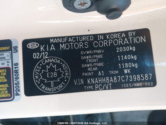 Aukcja sprzedaży 2012 Kia Rondo Ex/ex-premium, vin: KNAHH8A87C7398587, numer aukcji: 12606165