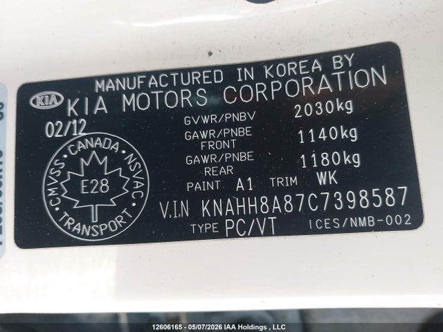 Aukcja sprzedaży 2012 Kia Rondo Ex/ex-premium, vin: KNAHH8A87C7398587, numer aukcji: 12606165