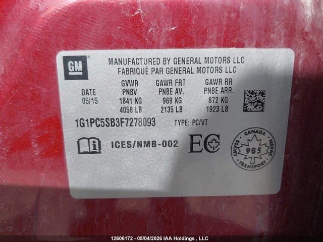 2015 Chevrolet Cruze 1lt მანქანა იყიდება აუქციონზე, vin: 1G1PC5SB3F7278093, აუქციონის ნომერი: 12606172