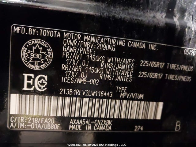 2020 Toyota Rav4 Le მანქანა იყიდება აუქციონზე, vin: 2T3B1RFV2LW116443, აუქციონის ნომერი: 12606183