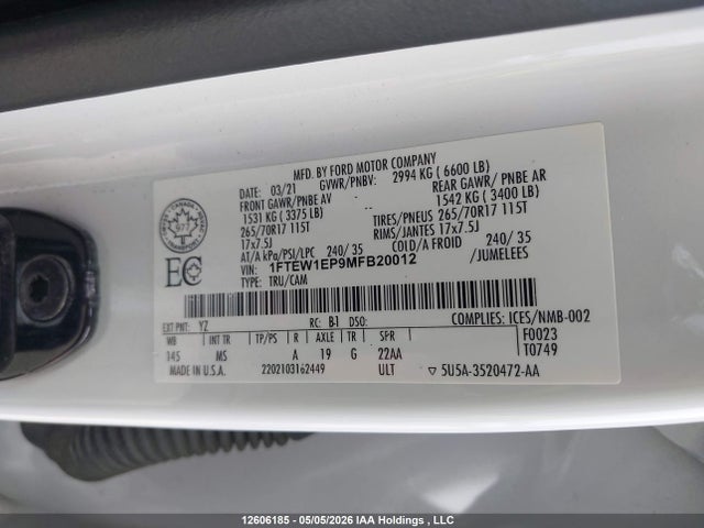 Продажа на аукционе авто 2021 Ford F150 Supercrew, vin: 1FTEW1EP9MFB20012, номер лота: 12606185