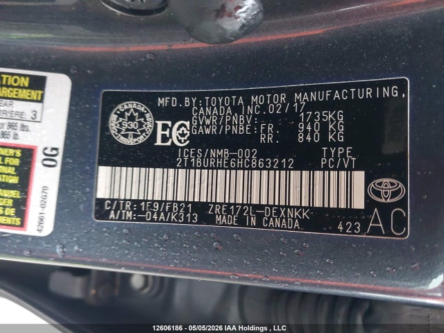 Aukcja sprzedaży 2017 Toyota Corolla Le, vin: 2T1BURHE6HC863212, numer aukcji: 12606186