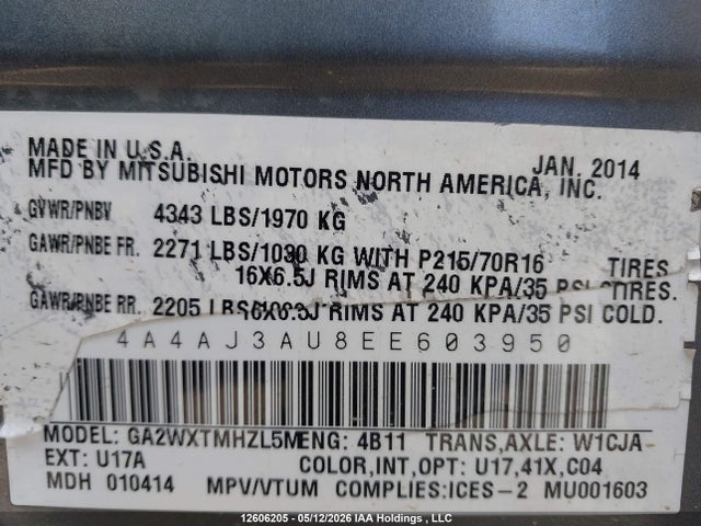 Aukcja sprzedaży 2014 Mitsubishi Rvr Se, vin: 4A4AJ3AU8EE603950, numer aukcji: 12606205