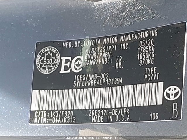 12606208 :رقم المزاد ، 5YFBPRBE4LP131394 vin ، 2020 Toyota Corolla L/le/xle مزاد بيع