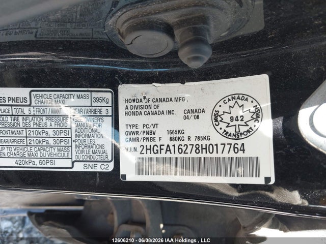 Aukcja sprzedaży 2008 Honda Civic Dx/dx-a, vin: 2HGFA16278H017764, numer aukcji: 12606210