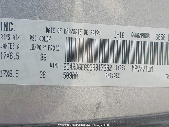 Продаж на аукціоні авто 2016 Dodge Grand Caravan R/t, vin: 2C4RDGEG9GR317382, номер лоту: 12606212