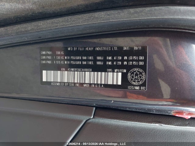 Продаж на аукціоні авто 2012 Subaru Tribeca Base 7-passenger, vin: 4S4WX9FD6C4400030, номер лоту: 12606214