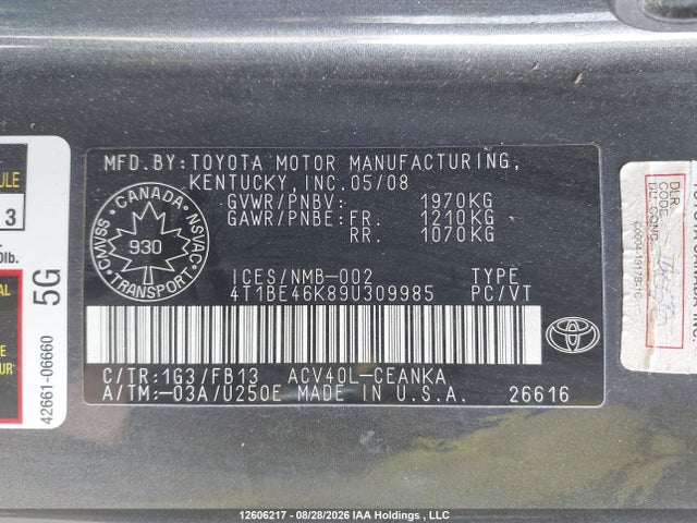 Aukcja sprzedaży 2009 Toyota Camry Le, vin: 4T1BE46K89U309985, numer aukcji: 12606217