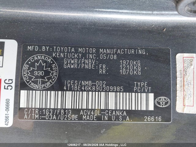 Aukcja sprzedaży 2009 Toyota Camry Le, vin: 4T1BE46K89U309985, numer aukcji: 12606217