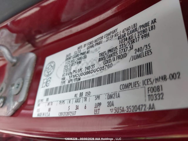 Продажа на аукционе авто 2013 Ford Escape Se, vin: 1FMCU0G96DUC05760, номер лота: 12606229