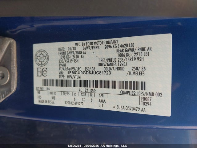 1FMCU0GD6JUC81723 Ford ESCAPE SE