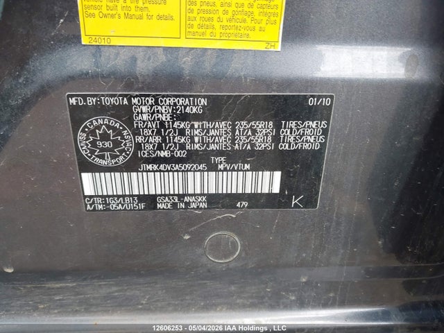 2010 Toyota Rav4 Sport V6 მანქანა იყიდება აუქციონზე, vin: JTMRK4DV3A5092045, აუქციონის ნომერი: 12606253