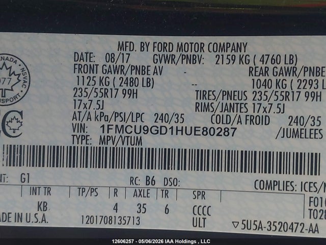 1FMCU9GD1HUE80287 Ford ESCAPE SE
