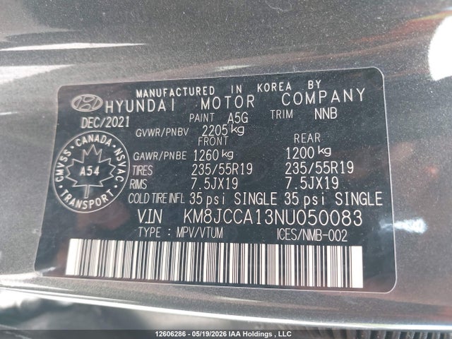 Aukcja sprzedaży 2022 Hyundai Tucson Hybrid, vin: KM8JCCA13NU050083, numer aukcji: 12606286
