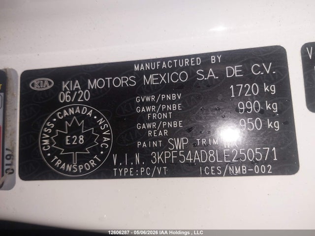 12606287 :رقم المزاد ، 3KPF54AD8LE250571 vin ، 2020 Kia Forte Ex/ex Limited/ex Premium/ex+ مزاد بيع