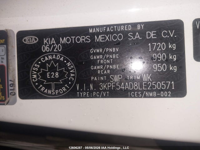 12606287 :رقم المزاد ، 3KPF54AD8LE250571 vin ، 2020 Kia Forte Ex/ex Limited/ex Premium/ex+ مزاد بيع