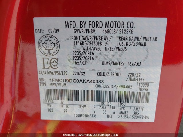 Продажа на аукционе авто 2010 Ford Escape Xlt, vin: 1FMCU9DG0AKA40383, номер лота: 12606289