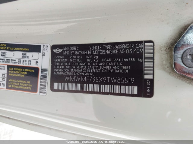 Aukcja sprzedaży 2009 Mini Cooper S, vin: WMWMF735X9TW85519, numer aukcji: 12606297
