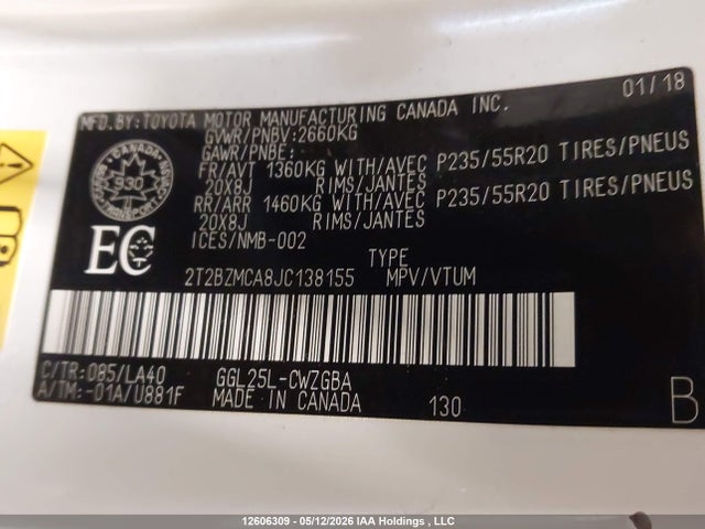 12606309 :رقم المزاد ، 2T2BZMCA8JC138155 vin ، 2018 Lexus Rx 350/base/f Sport مزاد بيع