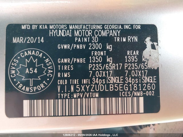 5XYZUDLB5EG181260 Hyundai Santa Fe
