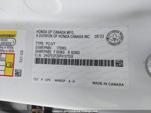 2023 Honda Civic Lx მანქანა იყიდება აუქციონზე, vin: 2HGFE2F29PH107538, აუქციონის ნომერი: 12606313
