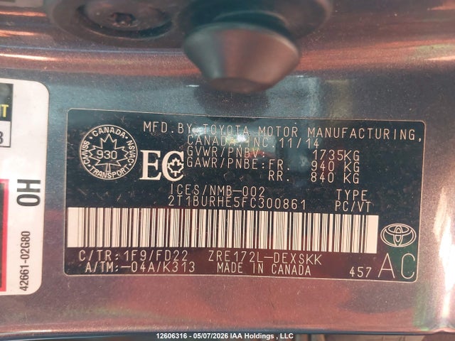 12606316 :رقم المزاد ، 2T1BURHE5FC300861 vin ، 2015 Toyota Corolla L/le/le Pls/prm/s/s Pls مزاد بيع