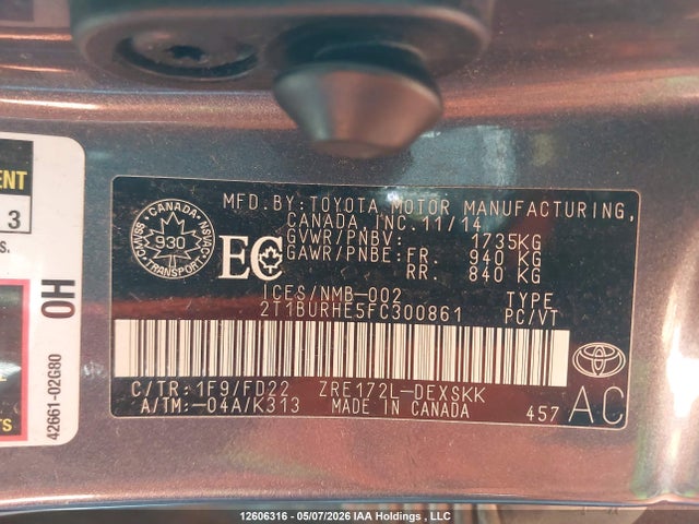 12606316 :رقم المزاد ، 2T1BURHE5FC300861 vin ، 2015 Toyota Corolla L/le/le Pls/prm/s/s Pls مزاد بيع