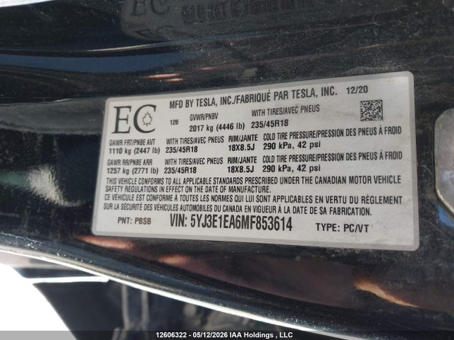 Продажа на аукционе авто 2021 Tesla Model 3 Standard Range/standard Range Plus, vin: 5YJ3E1EA6MF853614, номер лота: 12606322