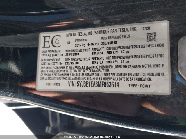 Продажа на аукционе авто 2021 Tesla Model 3 Standard Range/standard Range Plus, vin: 5YJ3E1EA6MF853614, номер лота: 12606322