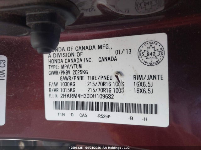 Aukcja sprzedaży 2013 Honda Cr-v Lx, vin: 2HKRM4H30DH109682, numer aukcji: 12598425