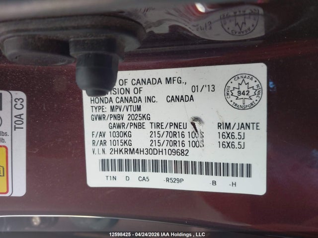 Aukcja sprzedaży 2013 Honda Cr-v Lx, vin: 2HKRM4H30DH109682, numer aukcji: 12598425