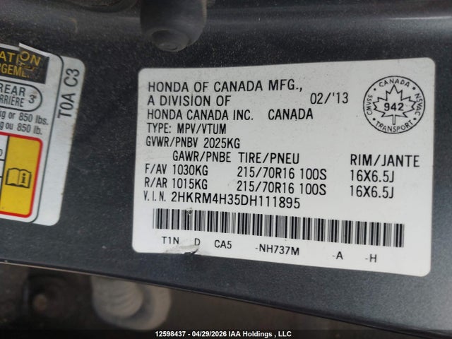 Aukcja sprzedaży 2013 Honda Cr-v Lx, vin: 2HKRM4H35DH111895, numer aukcji: 12598437