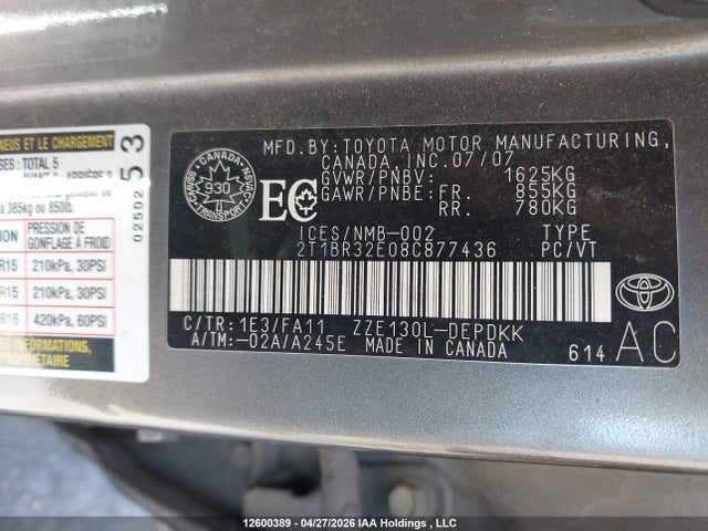 12600389 :رقم المزاد ، 2T1BR32E08C877436 vin ، 2008 Toyota Corolla Ce مزاد بيع