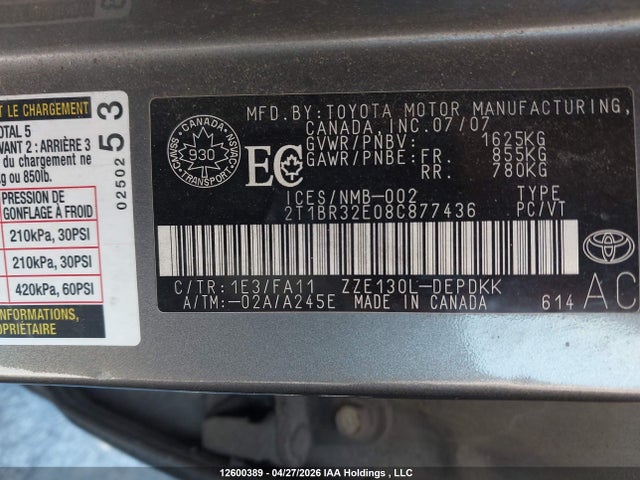 12600389 :رقم المزاد ، 2T1BR32E08C877436 vin ، 2008 Toyota Corolla Ce مزاد بيع