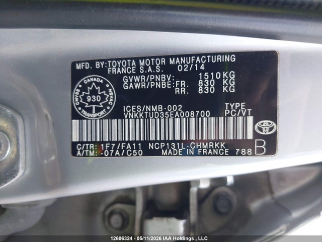 Aukcja sprzedaży 2014 Toyota Yaris, vin: VNKKTUD35EA008700, numer aukcji: 12606324