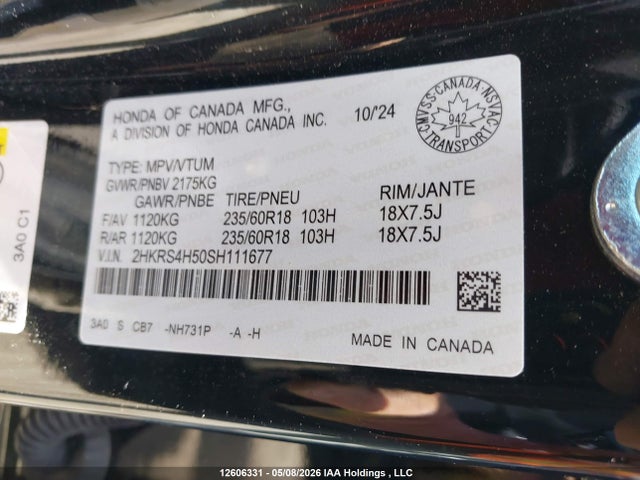 2025 Honda Cr-v მანქანა იყიდება აუქციონზე, vin: 2HKRS4H50SH111677, აუქციონის ნომერი: 12606331