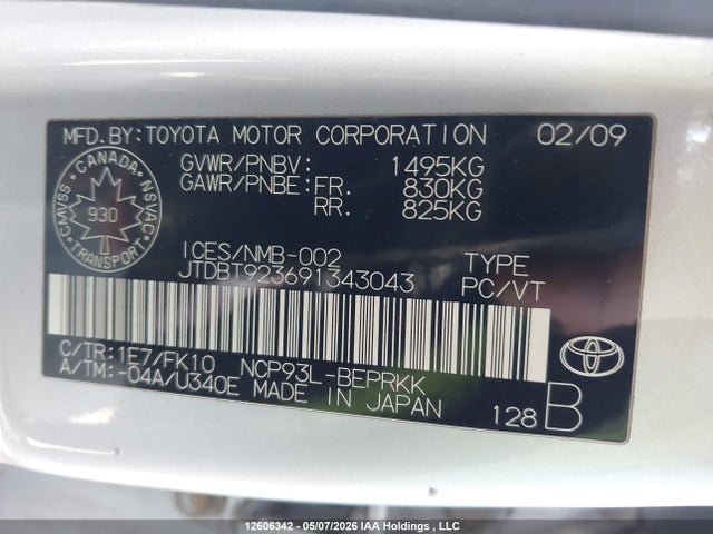 12606342 :رقم المزاد ، JTDBT923691343043 vin ، 2009 Toyota Yaris مزاد بيع
