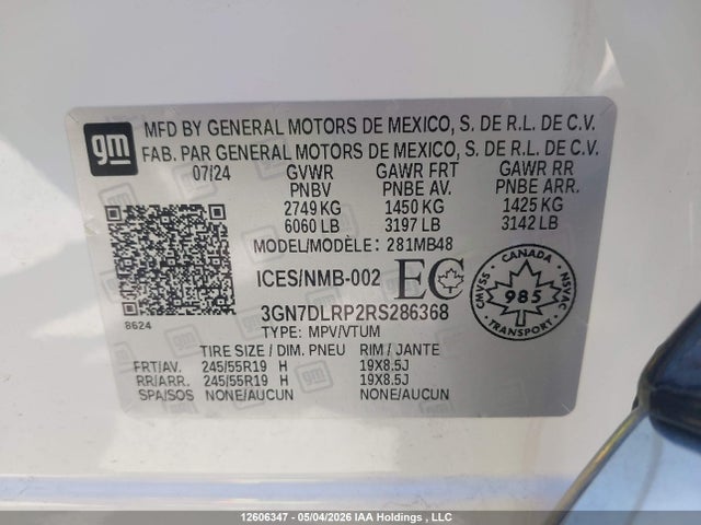 Aukcja sprzedaży 2024 Chevrolet Equinox 2lt, vin: 3GN7DLRP2RS286368, numer aukcji: 12606347