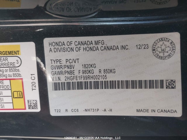 Продаж на аукціоні авто 2024 Honda Civic Touring, vin: 2HGFE1F99RH002105, номер лоту: 12606351