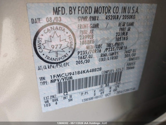 Продаж на аукціоні авто 2004 Ford Escape Limited, vin: 1FMCU94184KA48828, номер лоту: 12606352
