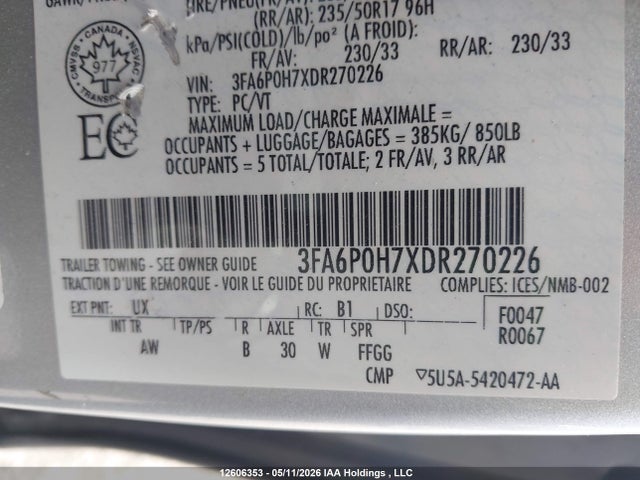 Продажа на аукционе авто 2013 Ford Fusion Se, vin: 3FA6P0H7XDR270226, номер лота: 12606353